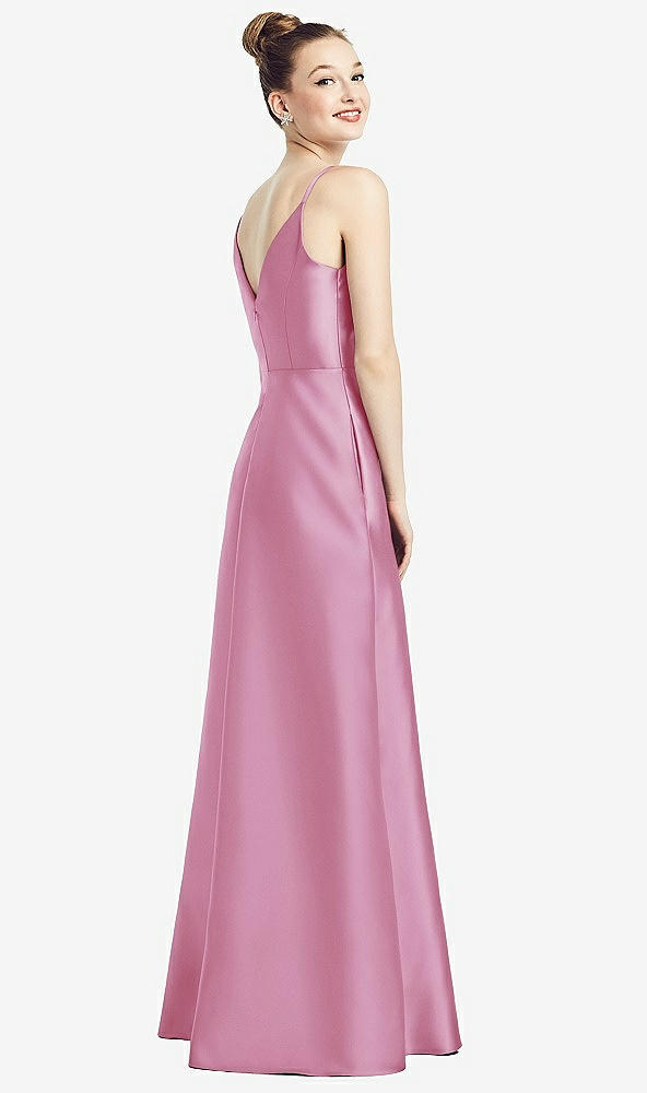 Back View - Powder Pink Draped Wrap Satin Maxi Dress with Pockets