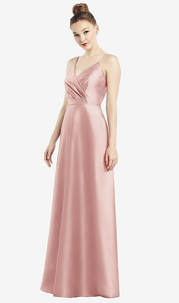 Front View - Rose Draped Wrap Satin Maxi Dress with Pockets