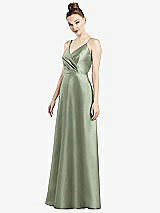 Front View Thumbnail - Sage Draped Wrap Satin Maxi Dress with Pockets