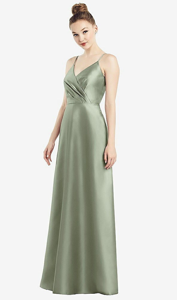 Front View - Sage Draped Wrap Satin Maxi Dress with Pockets