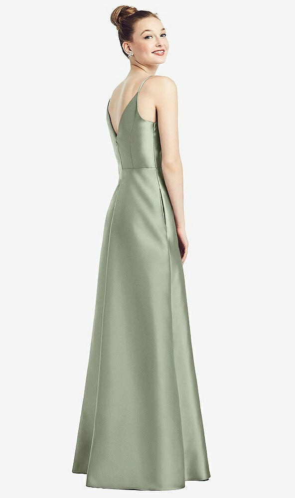 Back View - Sage Draped Wrap Satin Maxi Dress with Pockets