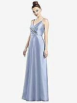 Front View Thumbnail - Sky Blue Draped Wrap Satin Maxi Dress with Pockets