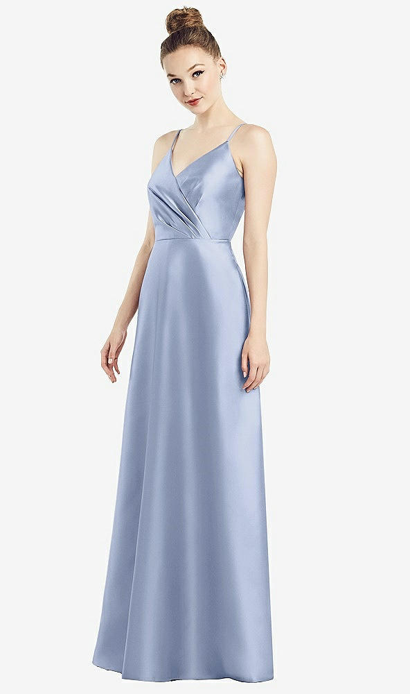Front View - Sky Blue Draped Wrap Satin Maxi Dress with Pockets