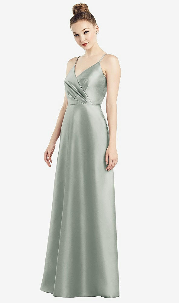 Front View - Willow Green Draped Wrap Satin Maxi Dress with Pockets