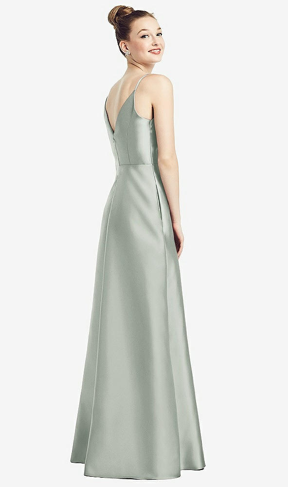 Back View - Willow Green Draped Wrap Satin Maxi Dress with Pockets