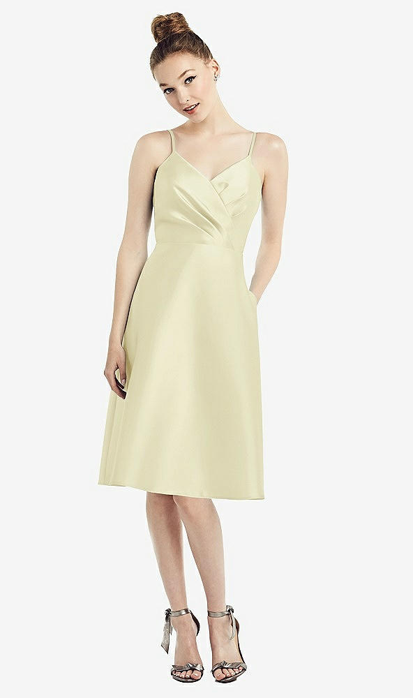 Front View - Butter Yellow Draped Faux Wrap Cocktail Dress with Pockets