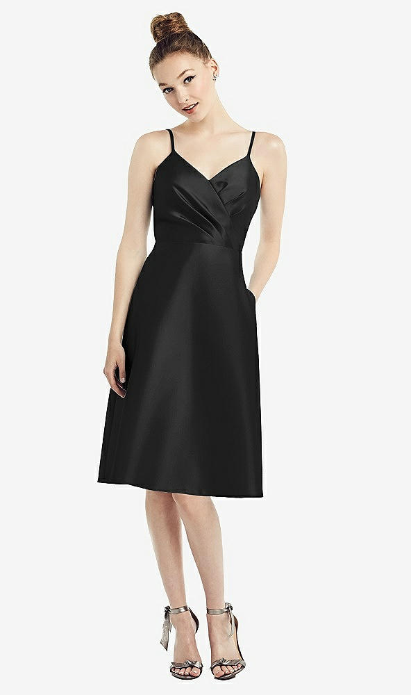 Front View - Black Draped Faux Wrap Cocktail Dress with Pockets
