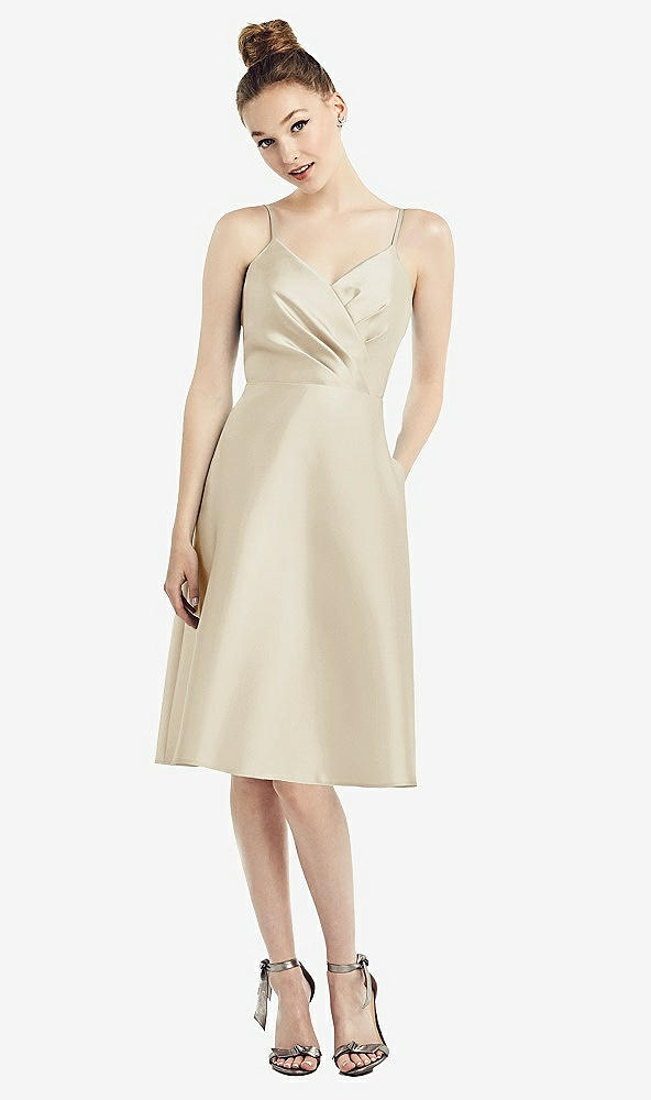 Front View - Champagne Draped Faux Wrap Cocktail Dress with Pockets