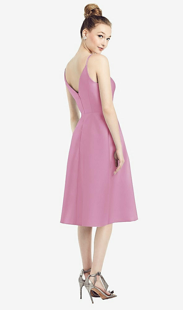 Back View - Powder Pink Draped Faux Wrap Cocktail Dress with Pockets