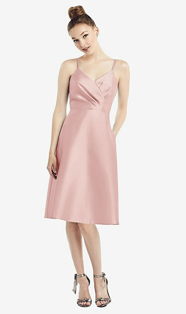 Front View - Rose Draped Faux Wrap Cocktail Dress with Pockets