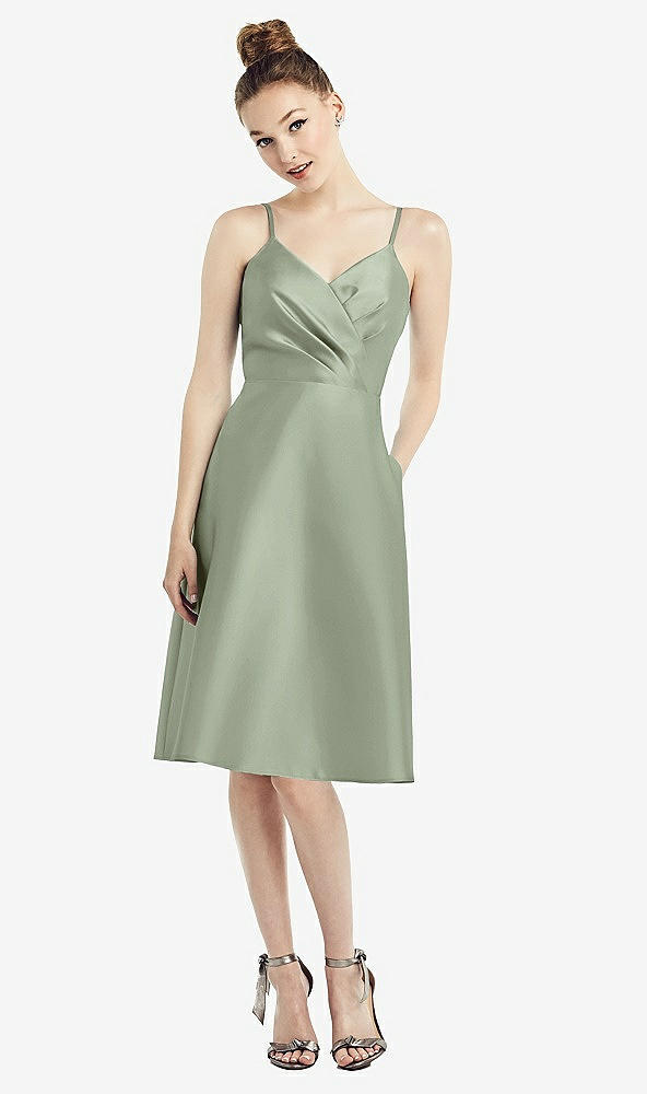 Front View - Sage Draped Faux Wrap Cocktail Dress with Pockets