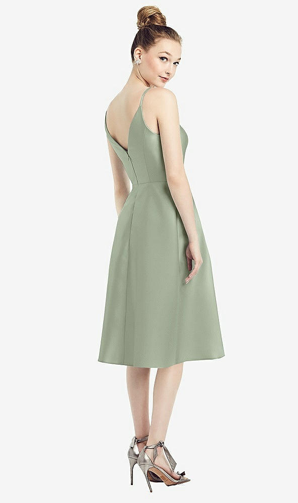 Back View - Sage Draped Faux Wrap Cocktail Dress with Pockets