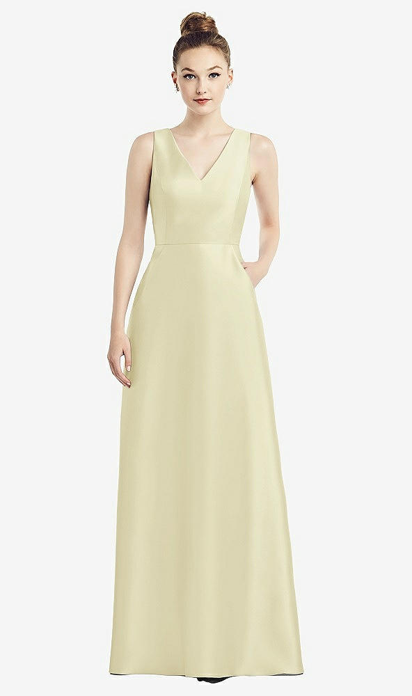 Front View - Butter Yellow Sleeveless V-Neck Satin Dress with Pockets