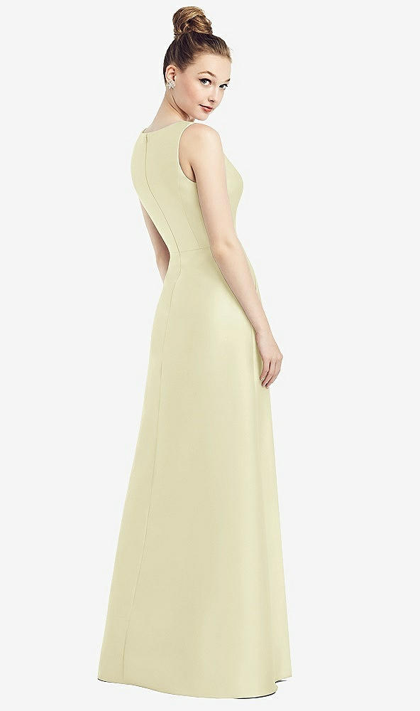 Back View - Butter Yellow Sleeveless V-Neck Satin Dress with Pockets