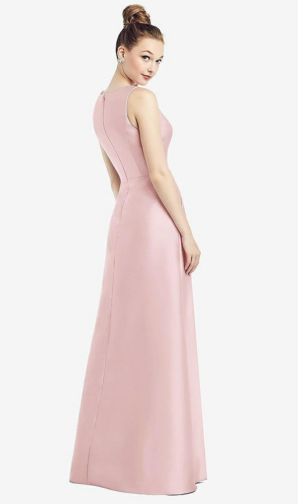 Back View - Ballet Pink Sleeveless V-Neck Satin Dress with Pockets
