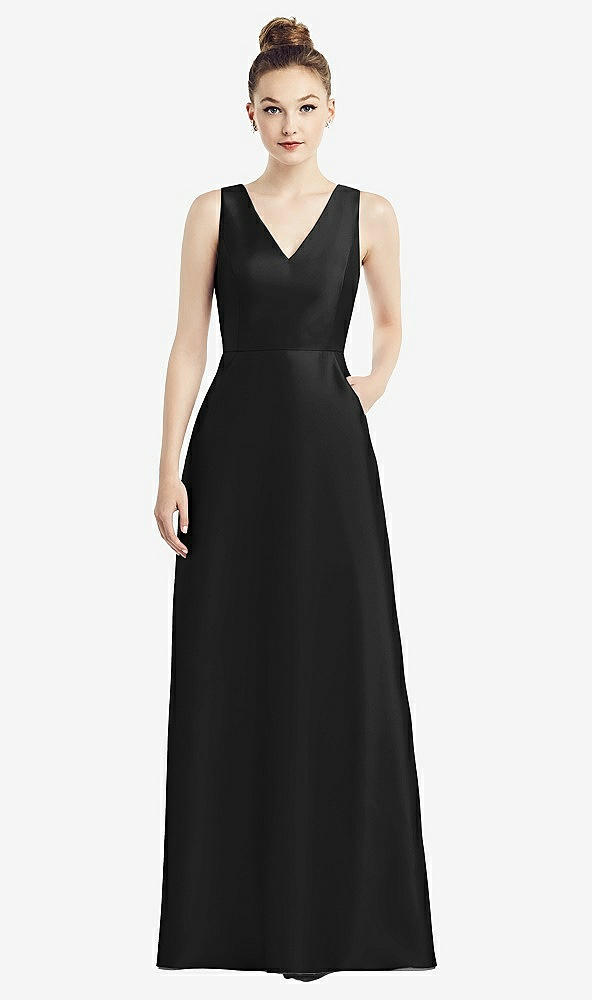 Front View - Black Sleeveless V-Neck Satin Dress with Pockets