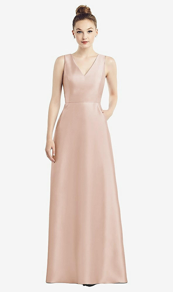 Front View - Cameo Sleeveless V-Neck Satin Dress with Pockets