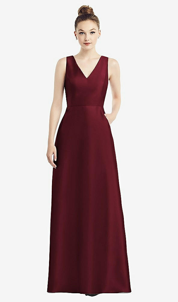 Front View - Cabernet Sleeveless V-Neck Satin Dress with Pockets