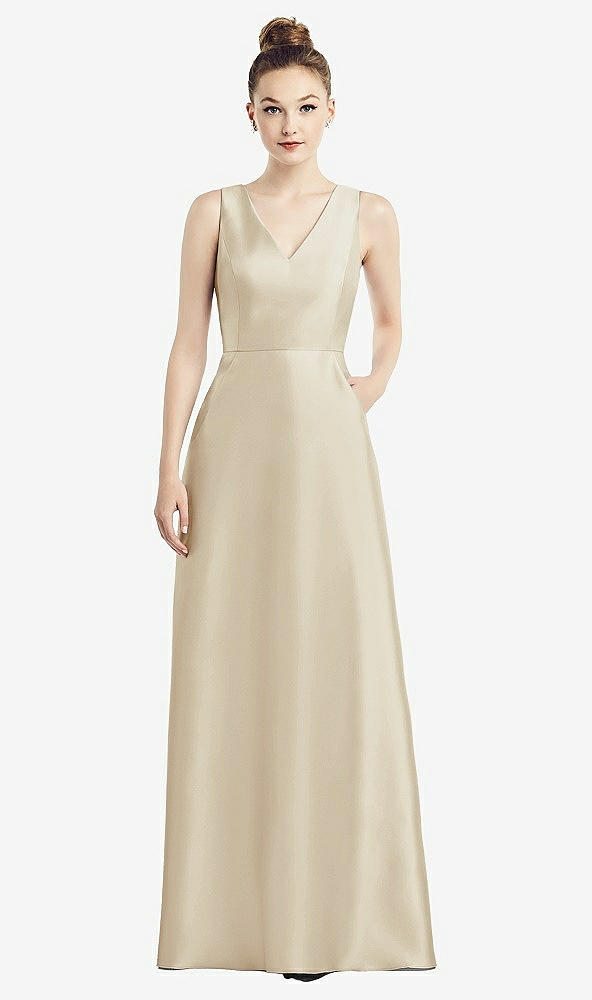 Front View - Champagne Sleeveless V-Neck Satin Dress with Pockets