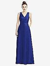 Front View Thumbnail - Cobalt Blue Sleeveless V-Neck Satin Dress with Pockets