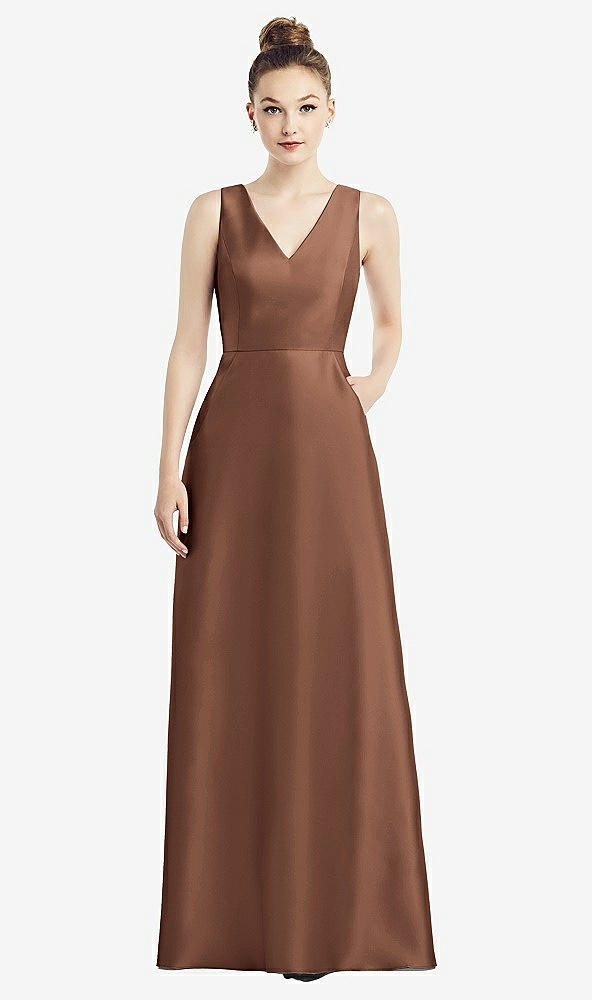 Front View - Cognac Sleeveless V-Neck Satin Dress with Pockets