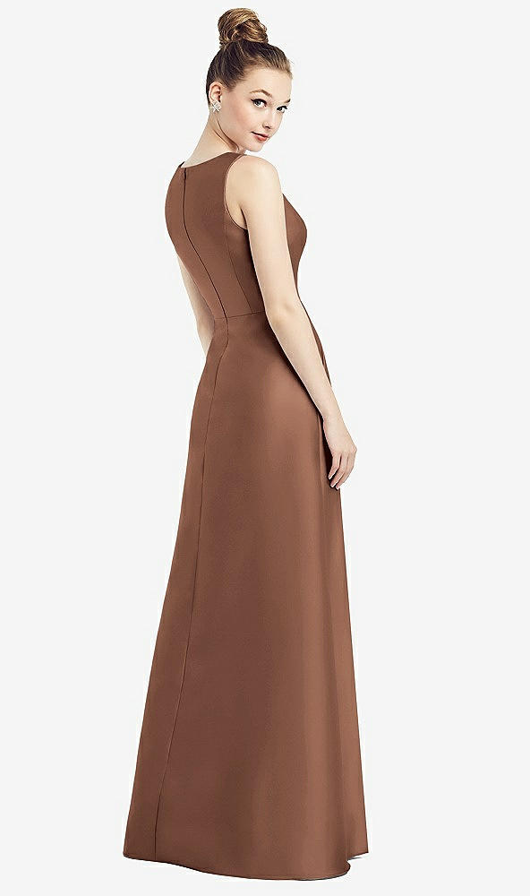 Back View - Cognac Sleeveless V-Neck Satin Dress with Pockets