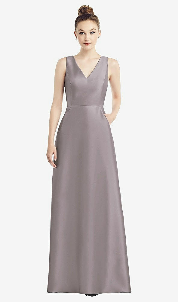 Front View - Cashmere Gray Sleeveless V-Neck Satin Dress with Pockets