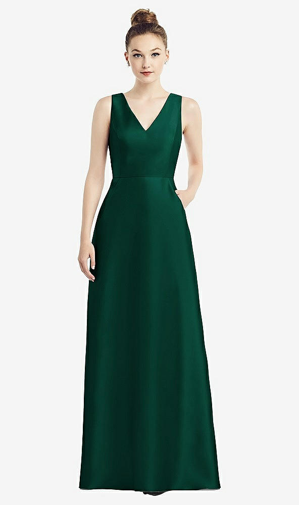 Front View - Hunter Green Sleeveless V-Neck Satin Dress with Pockets
