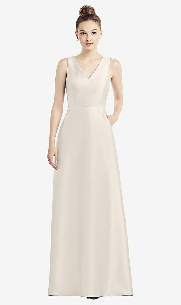 Front View - Ivory Sleeveless V-Neck Satin Dress with Pockets