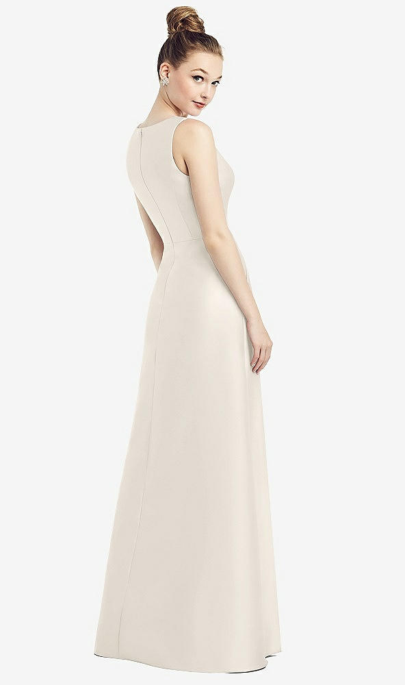 Back View - Ivory Sleeveless V-Neck Satin Dress with Pockets