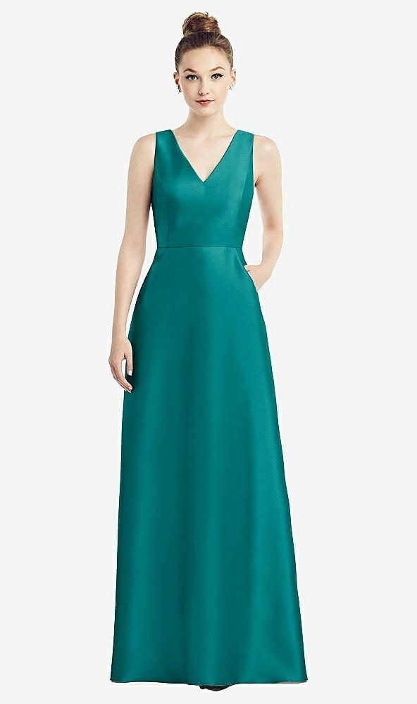 Front View - Jade Sleeveless V-Neck Satin Dress with Pockets