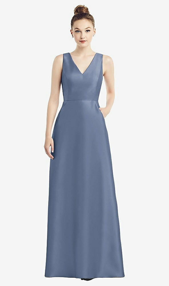 Front View - Larkspur Blue Sleeveless V-Neck Satin Dress with Pockets