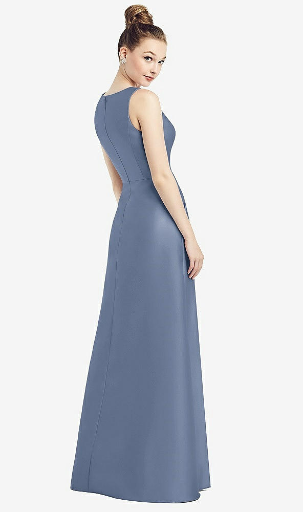 Back View - Larkspur Blue Sleeveless V-Neck Satin Dress with Pockets