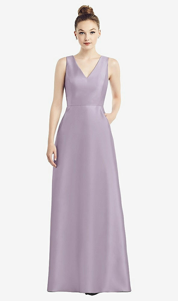 Front View - Lilac Haze Sleeveless V-Neck Satin Dress with Pockets