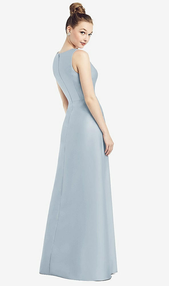 Back View - Mist Sleeveless V-Neck Satin Dress with Pockets