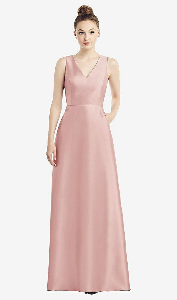 Front View - Rose Sleeveless V-Neck Satin Dress with Pockets