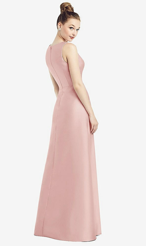 Back View - Rose Sleeveless V-Neck Satin Dress with Pockets