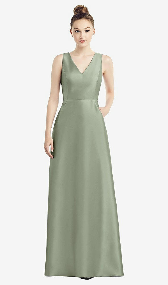 Front View - Sage Sleeveless V-Neck Satin Dress with Pockets