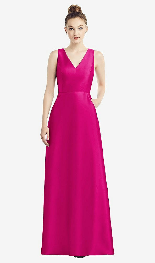 Front View - Think Pink Sleeveless V-Neck Satin Dress with Pockets
