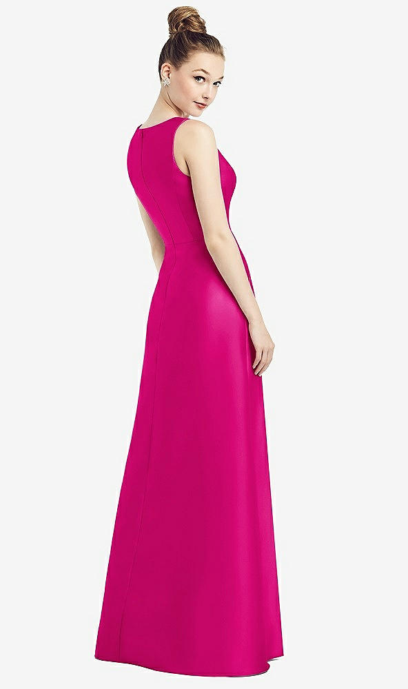 Back View - Think Pink Sleeveless V-Neck Satin Dress with Pockets