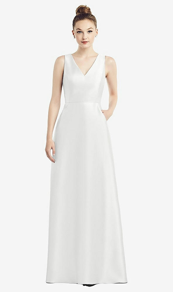Front View - White Sleeveless V-Neck Satin Dress with Pockets