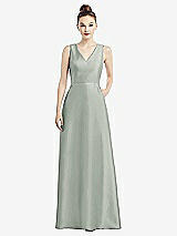 Front View Thumbnail - Willow Green Sleeveless V-Neck Satin Dress with Pockets