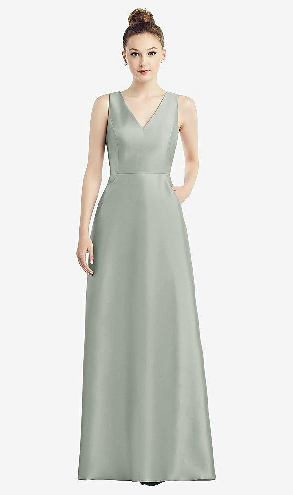 Front View - Willow Green Sleeveless V-Neck Satin Dress with Pockets