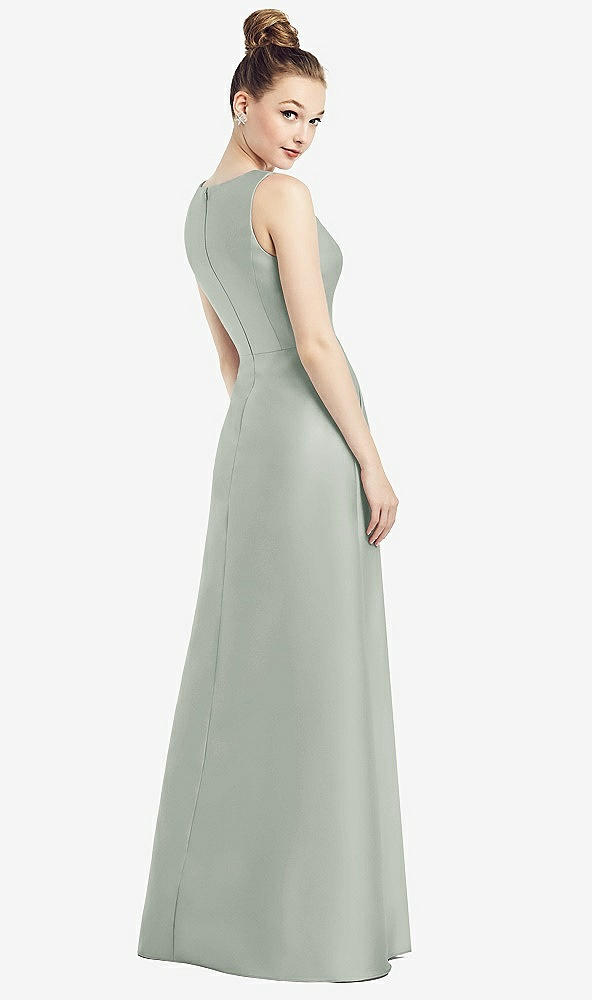 Back View - Willow Green Sleeveless V-Neck Satin Dress with Pockets