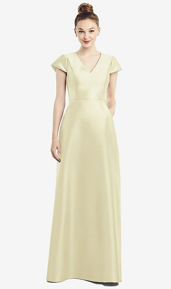 Front View - Butter Yellow Cap Sleeve V-Neck Satin Gown with Pockets