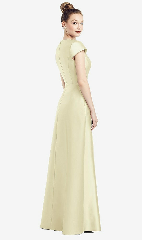 Back View - Butter Yellow Cap Sleeve V-Neck Satin Gown with Pockets