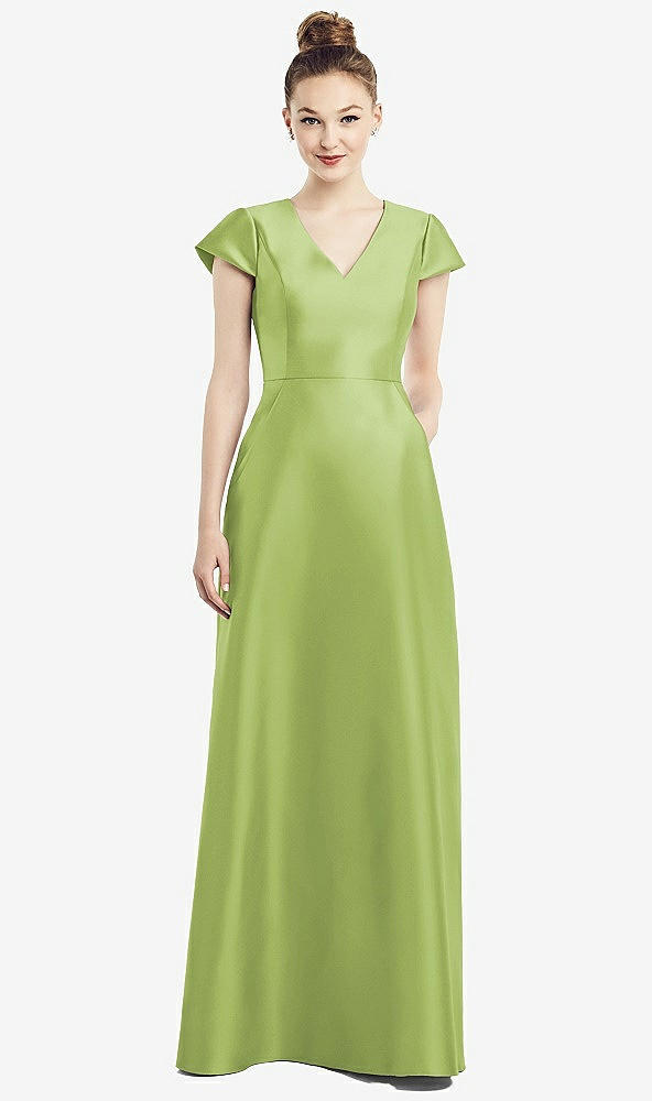 Front View - Mojito Cap Sleeve V-Neck Satin Gown with Pockets