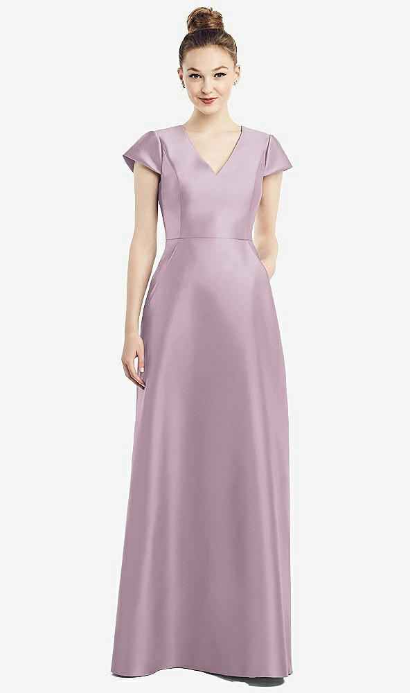 Front View - Suede Rose Cap Sleeve V-Neck Satin Gown with Pockets