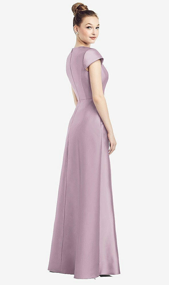 Back View - Suede Rose Cap Sleeve V-Neck Satin Gown with Pockets