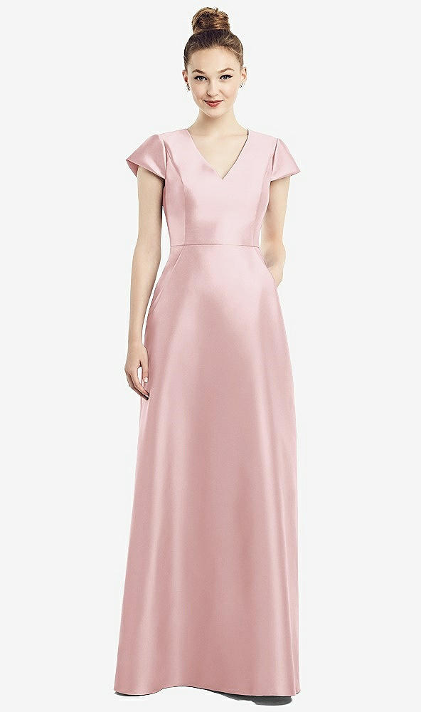 Front View - Ballet Pink Cap Sleeve V-Neck Satin Gown with Pockets